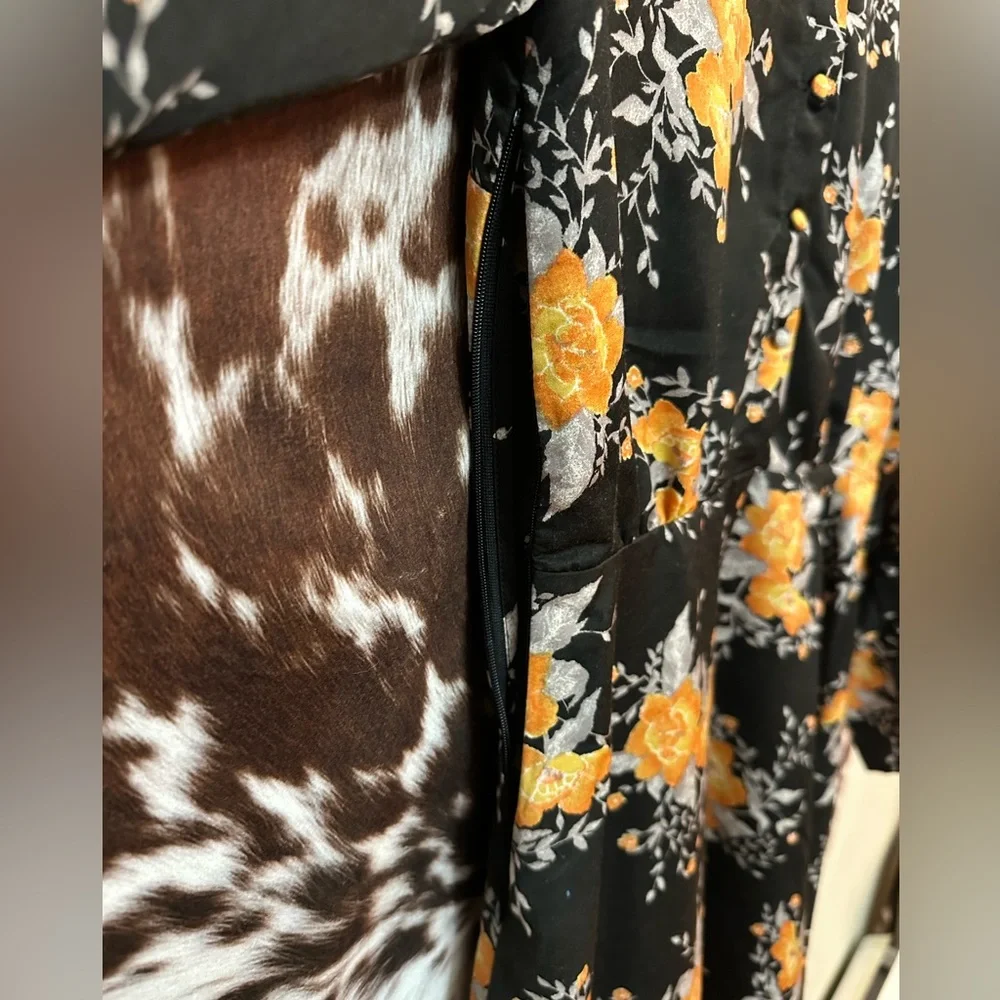 Free People- Parker Dress, black/orange/silver floral long size 4 - Picture 8 of 10